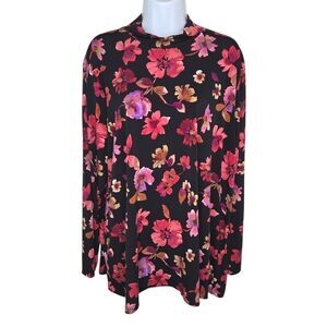 Susan Graver Floral Print Liquid Knit Mock Neck Long Sleeve Top Blouse 2x